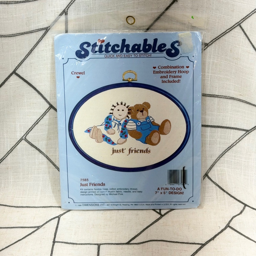 Dimensions Stitchables Crewel Kit 7x5 Blue Just Friends Vintage 1986 Teddy Bear